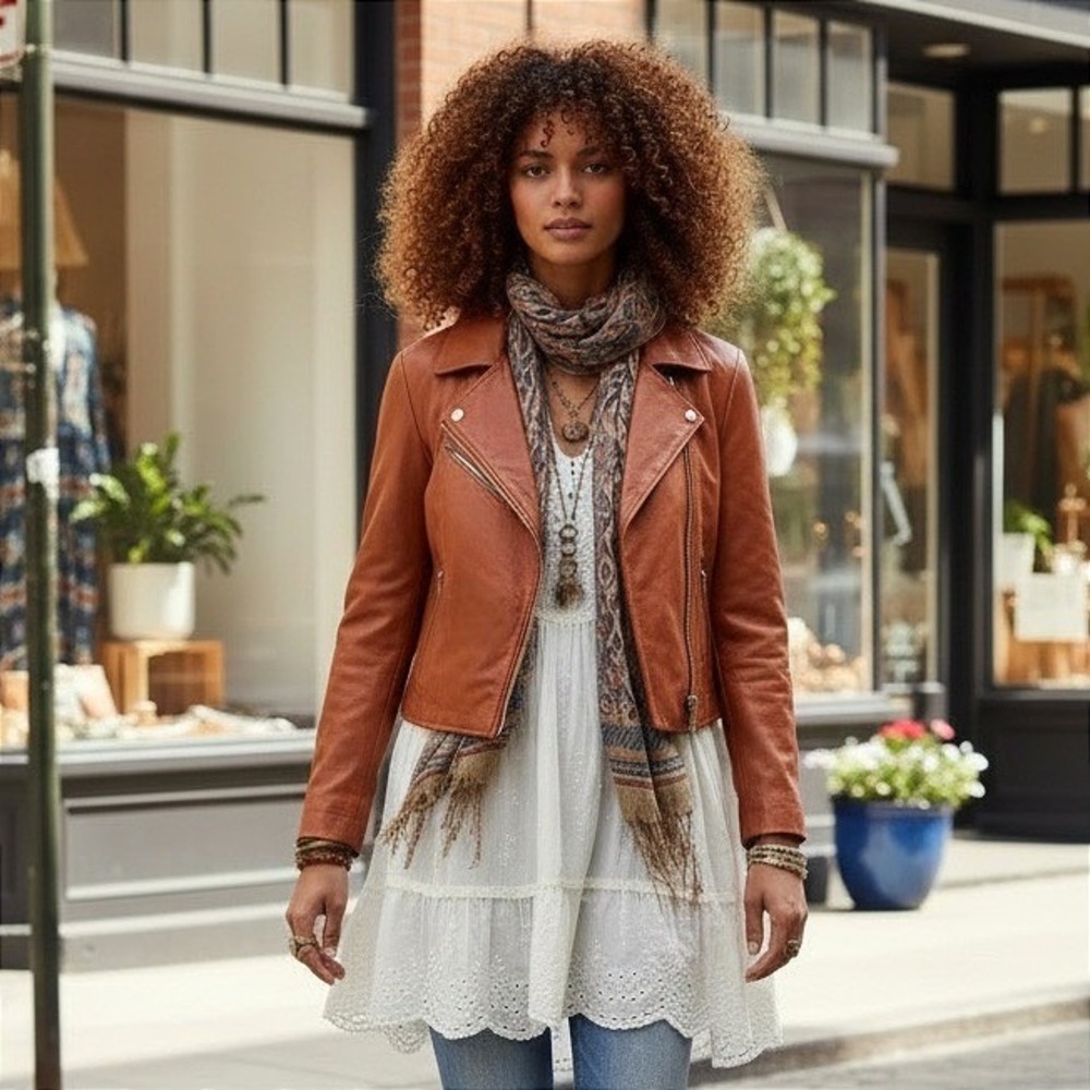 Elizabeth & James Leather Moto Jacket Womens L Brown 100% Lamb Leather Soft Zip